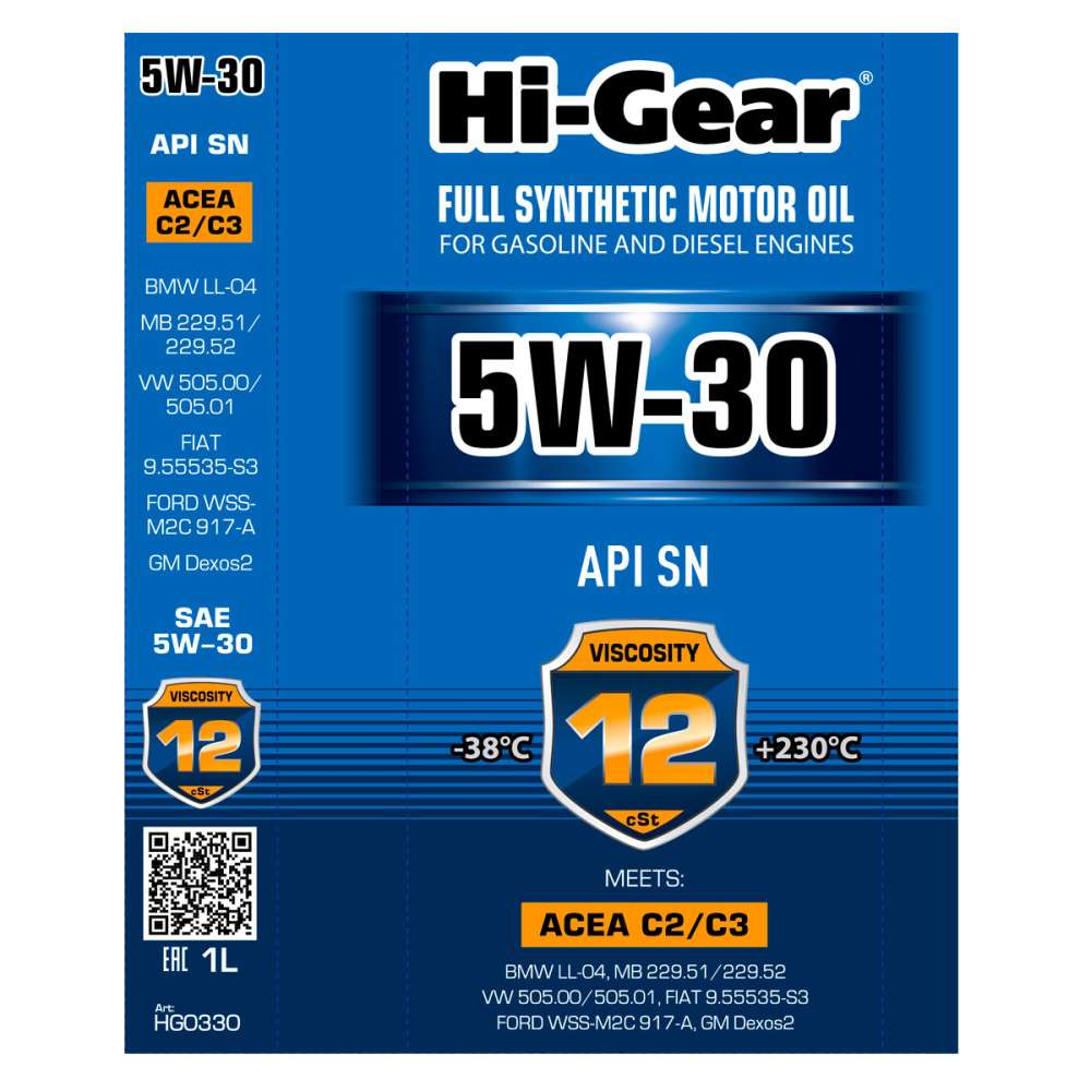 Hi-Gear 5W-30 ACEA C2/C3 API SN/CF 1л синт масло моторное HG0330