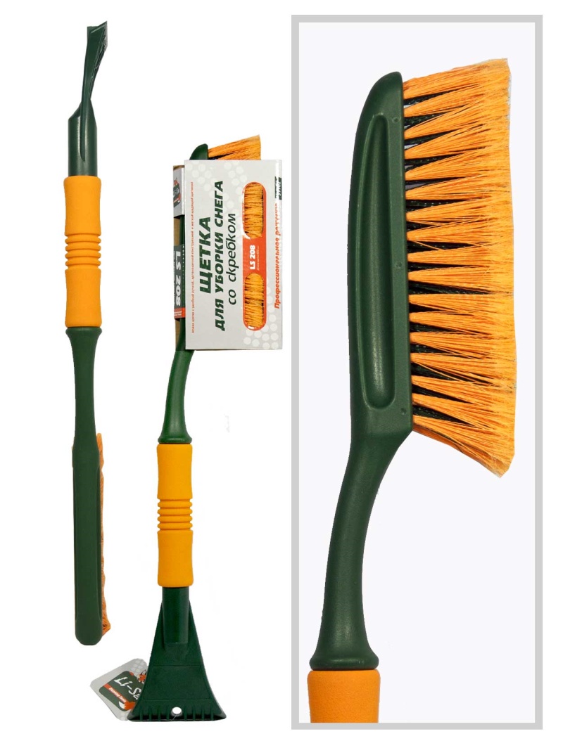 Щетка для снега cо скребком "Li-Sa" 64 см поролоновая ручка, оранжево-зеленая (LS208) 39902