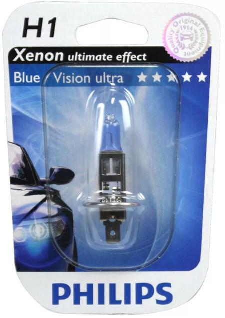 Лампа PHILIPS H1 12V 55W Blue Vision Ultra 12258BVUB1 (белый яркий светло-голуб) блистер 1 шт.