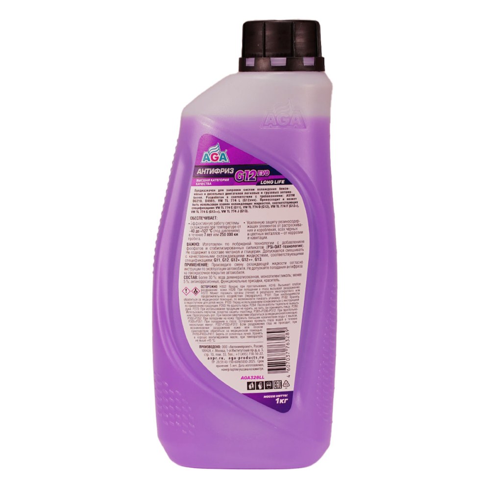 AGA328LL Антифриз, готовый к применению, фиолетовый, -40С, 1кг, G12 evo;ANTIFREEZE AGA G12 evo