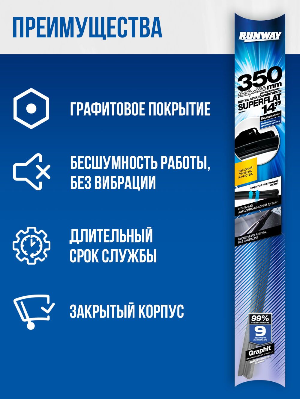 Щетка стеклоочистителя бескаркасная универсальная SUPERFLAT 350мл RUNWAY
